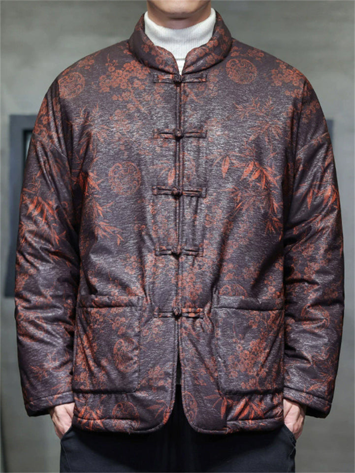 ‌Men's Winter Casual Thermal Lined Floral Print Stand Collar Tangsuit Coats