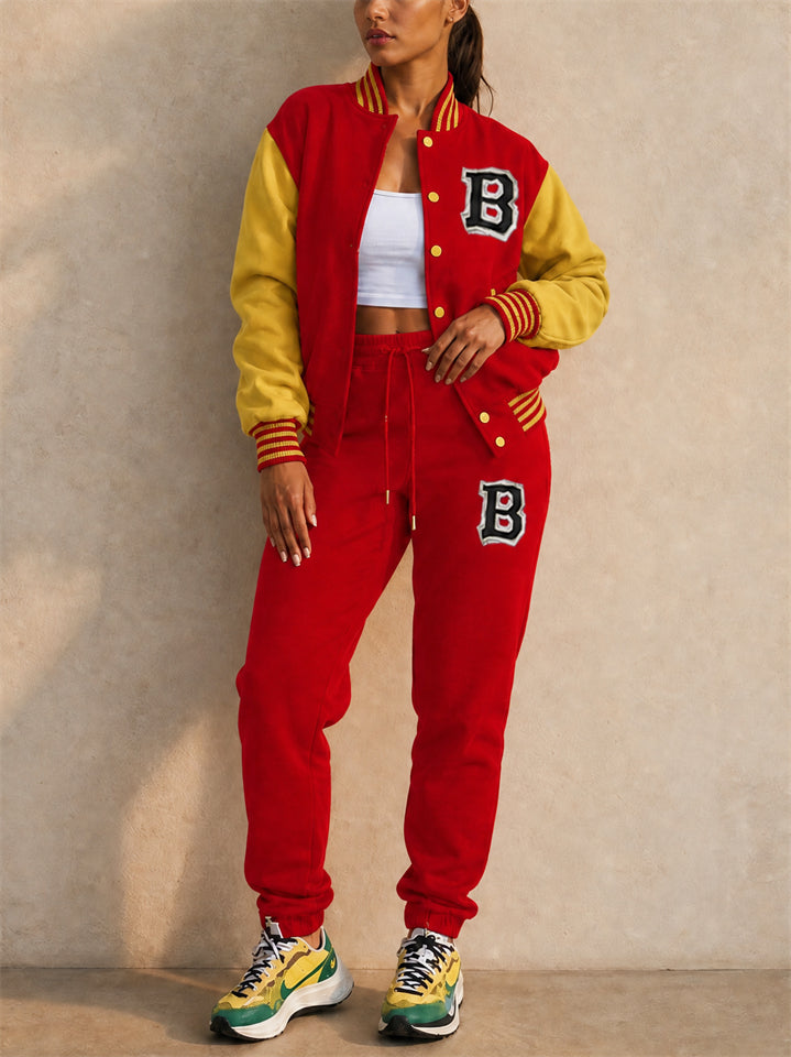 Women Varsity Jacket Set Color Block Letter Patch 2 Piece Outfit