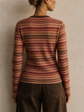 Women Slim Button Down Pockets Striped Flare Sleeve Cardigan