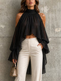 Women Chiffon High Neck Cold Shoulder High Low Blouse Top