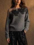 Women Floral Lace Sheer Mesh Embroidered Grey Knit Sweater