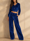 Women Velvet 2 Piece Zip Up Hoodie Wide Leg Pants Tracksuit Set