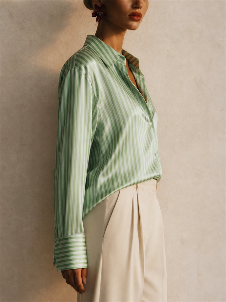 Womens Striped Glossy Button Down Long Sleeve Blouse