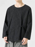 Chinese Zen Style Men's Long Sleeve Round Neck Shirts with Button Details