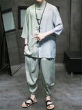 Men's 2Pcs Cool Contrast Color 3/4 Sleeve Stand Collar TangSuit Outfits
