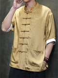 Men's Chinese Style Jacquard Short Sleeve Shirt with Stand Collar