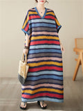 Colorful Stripes V Neck Vacation Long Dress for Women
