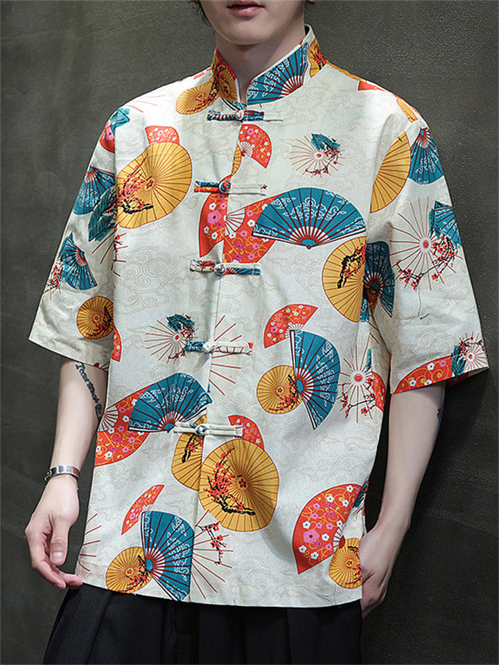 Men's Summer Print Stand Collar Half Sleeve Tang Suit Shirts