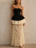 Womens Strapless Peplum 3D Applique Mesh Evening Gown Dress