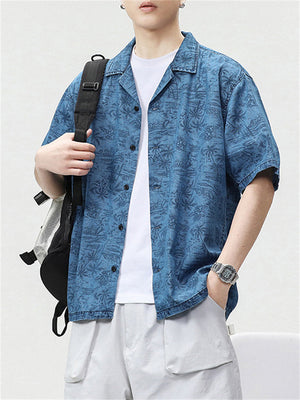 Men's Coconut Tree Print Short Sleeve Blue Shirt
