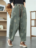 Women's Flower Print Elastic Waist Harem Cropped Jeans