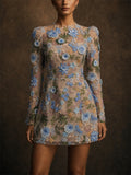 Women 3D Floral Embroidered Long Sleeve Mesh Mini Dress