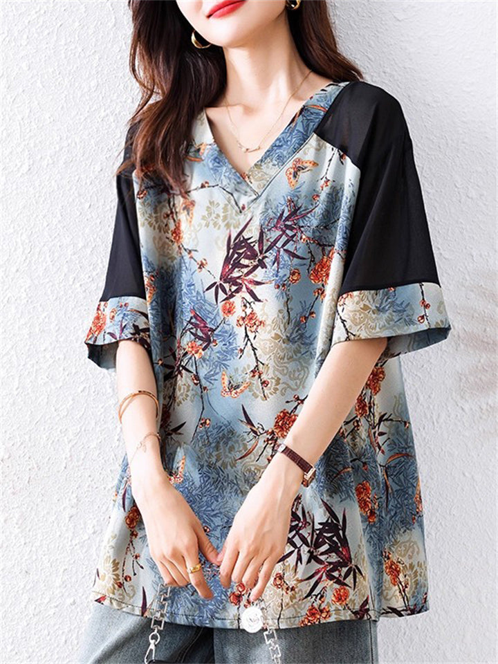 Plus Size Women's Leaves Printed Patchwork V Neck Half Sleeve Shirts