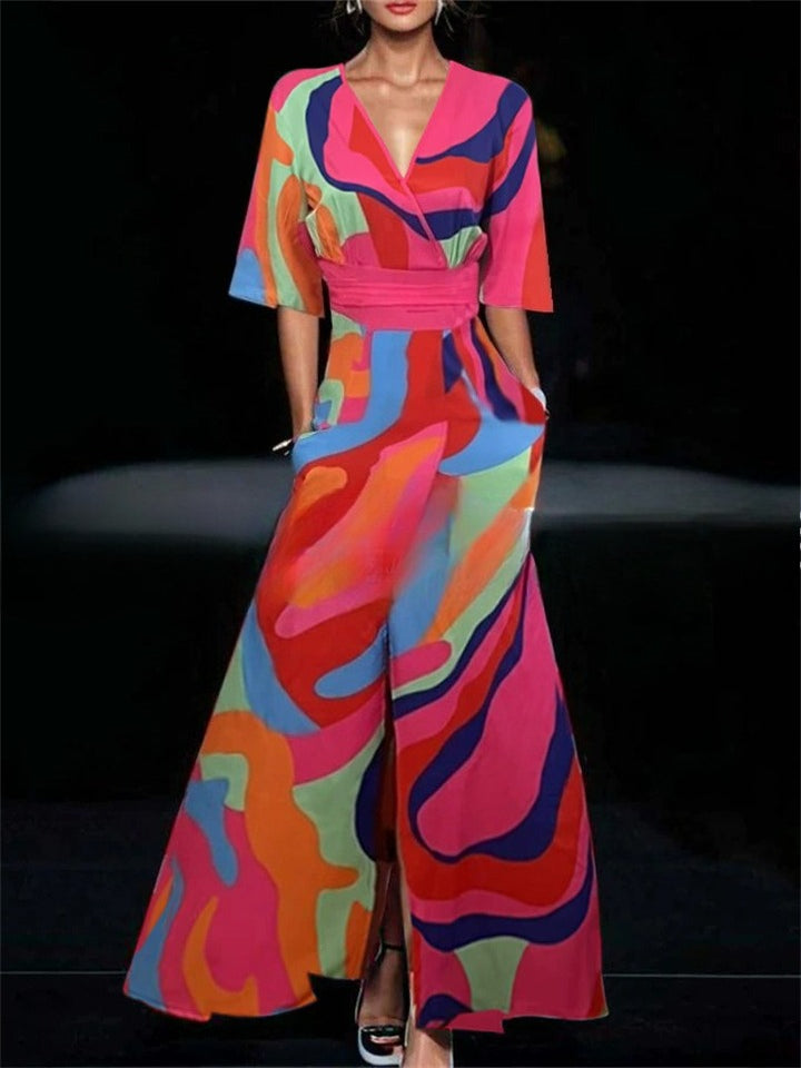 Women's Elegant Contrast Color Floral Printed Half Sleeve Maxi Dress