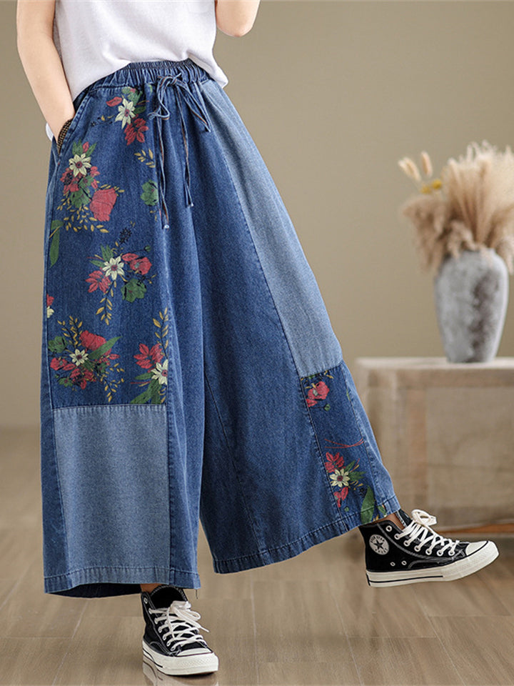 Summer Women's Patchwork Wide Leg Cropped Jeans