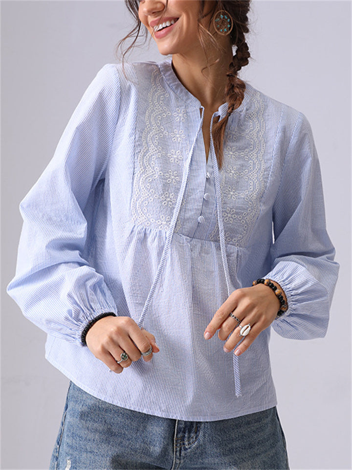 Women's French Style Embroidery Blue Stripe Shirts