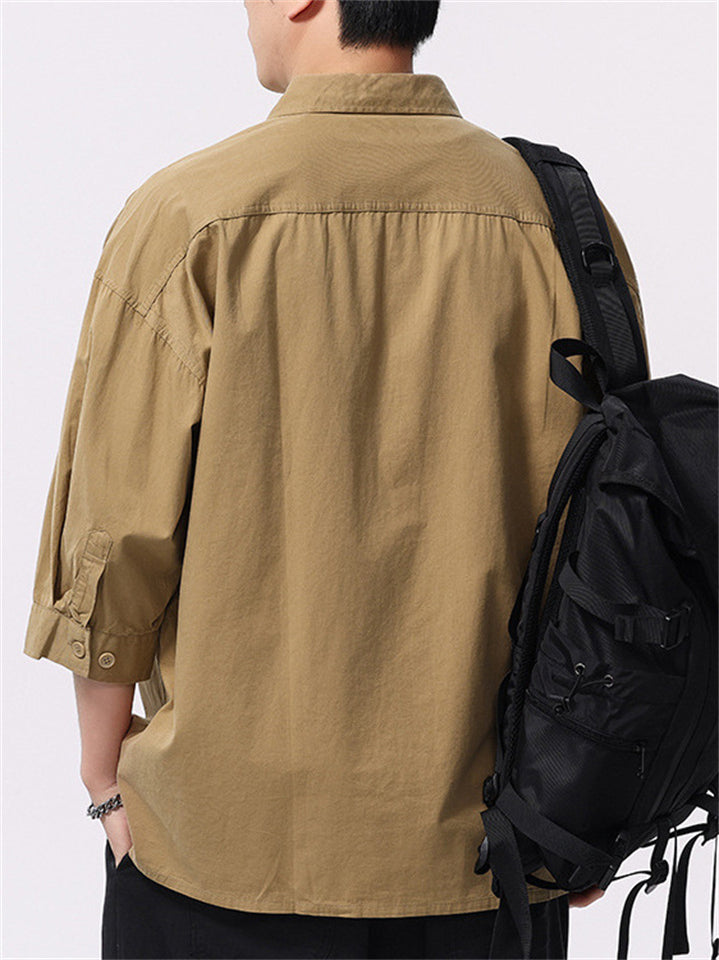 Men's Casual Solid Color Cotton 3/4 Sleeve Cargo Shirts