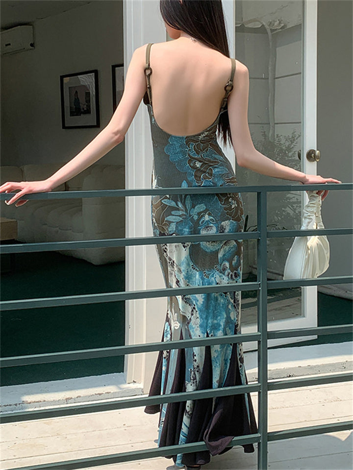 Women's Slim Square Neck Sleeveless Backless Mermaid Hem Dress