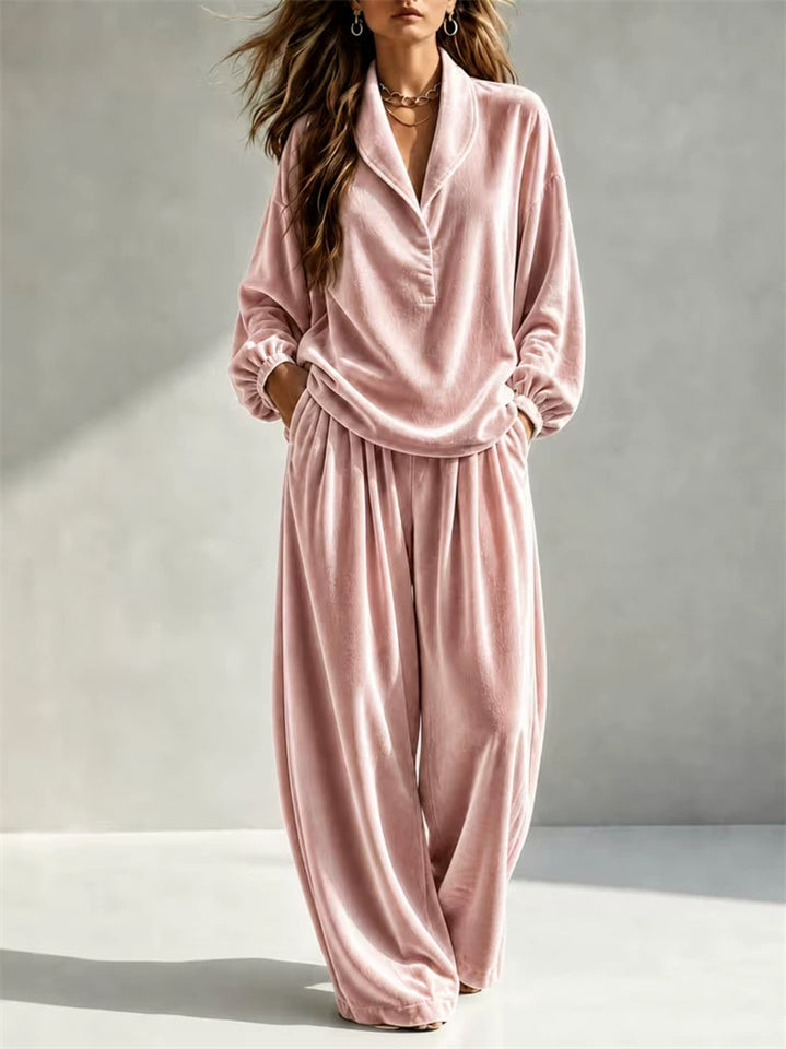 Women Velvet Lounge Set Half Button Notch Collar Top and Wide Leg Pants