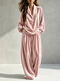 Women Velvet Lounge Set Half Button Notch Collar Top and Wide Leg Pants