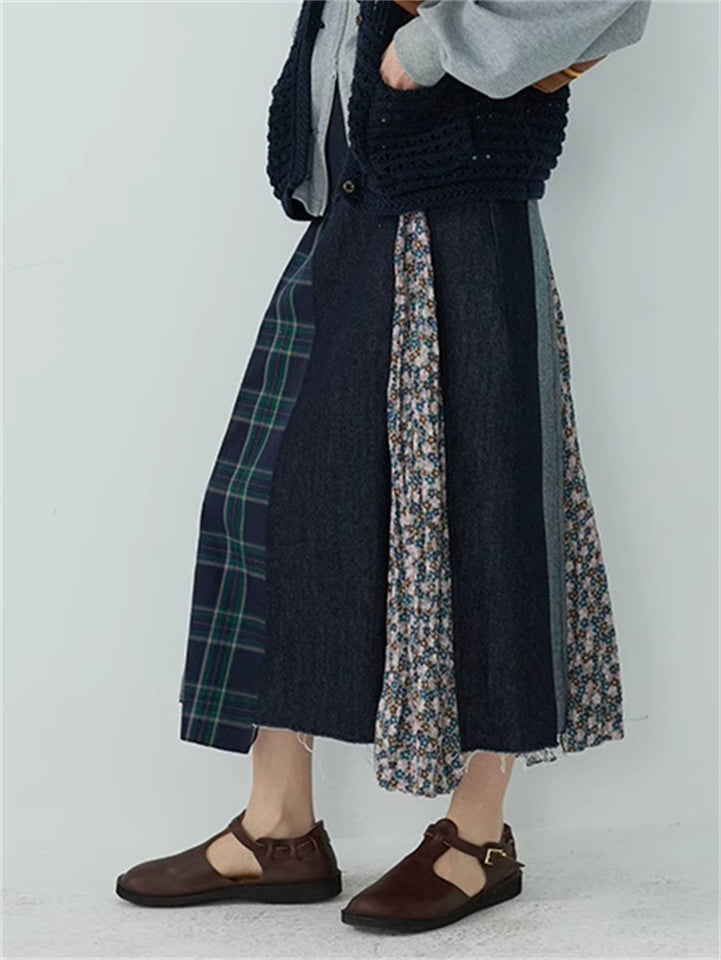 Japanese Style A-Line Patchwork Denim Skirts for Women