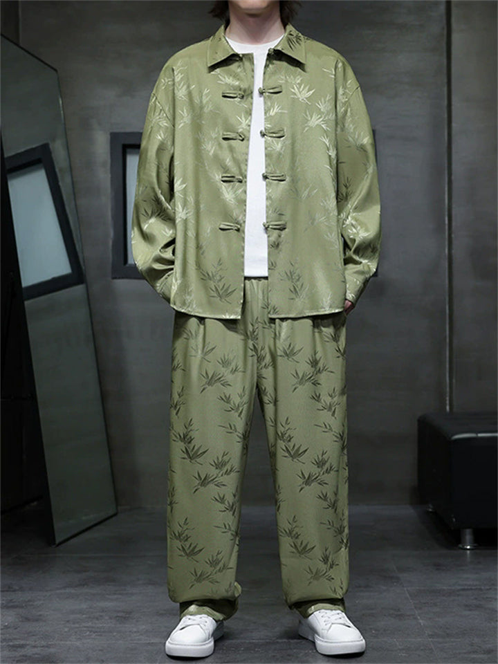 Oriental Leaf Pattern Lapel Shirt and Loose Elastic Waist Pants Set for Men