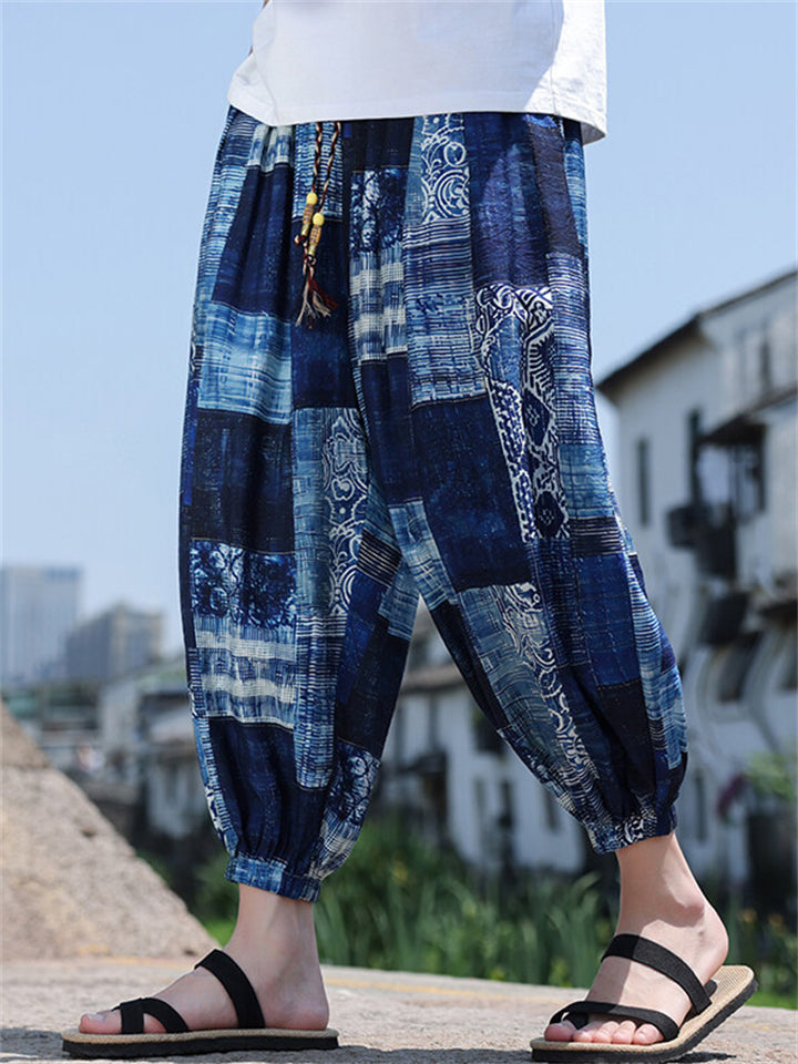 Men's Retro Chinese Style Print Casual Harem Jogging Cropped Pants