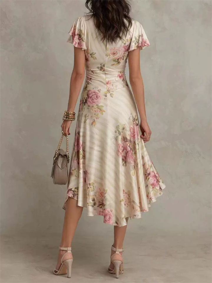 Women Floral Satin Ruched V Neck Short Sleeve Cocktail Dress