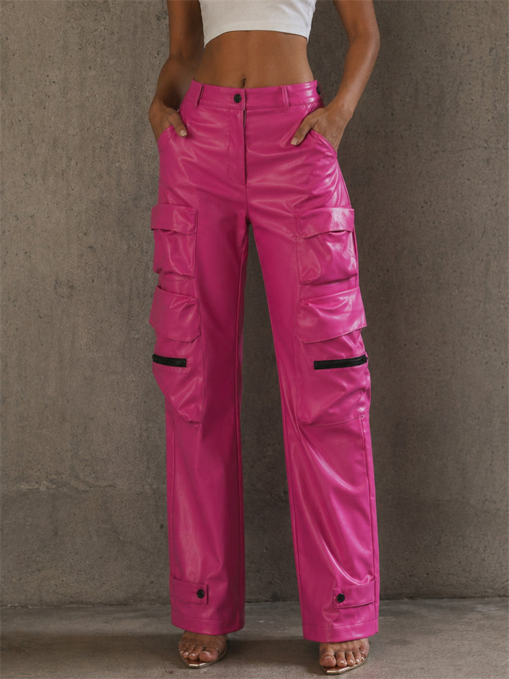 Women's Hot Pink Faux Leather High Waist Wide Leg Cargo Pants
