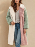 Women Color Block Faux Fur Coat Long Teddy Fleece Overcoat