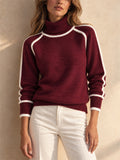 Women Turtleneck Knit Contrast Trim Long Sleeve Pullover Sweater