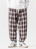 Men's Japanese Style Retro Loose Fit Elastic Waist Checkered Joggers Pants