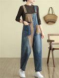 Women's Contrast Color Pockets Loose Overall Denim Jumpsuits