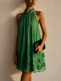 Womens Green Halter Neck Sheer Applique Cocktail Mini Dress