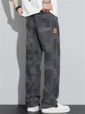Men's Retro Casual Loose Straight Plaid Denim Pants for Spring Autumn