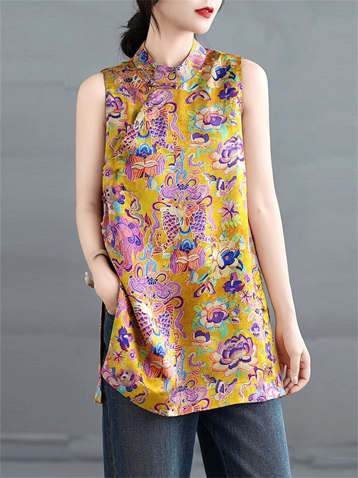 Chinese Style Comfy Yellow Vintage Summer Printed Vest Shirt