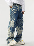 Men's Casual Streetwear Mosaic Checkered Loose Fit Straight Denim Pants