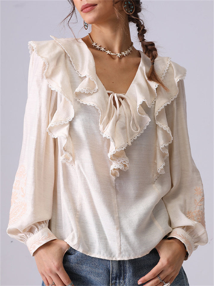 Women's French Style Apricot V-Neck Ruffled Shirt