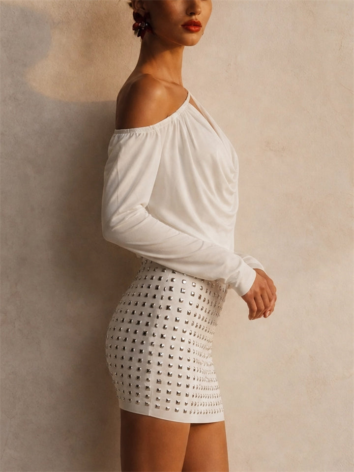 Women White One Shoulder Backless Studded Mini Party Dress