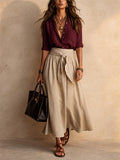 Women 2 Piece Contrast Color Button Down Shirt and High Waist Skirt Set