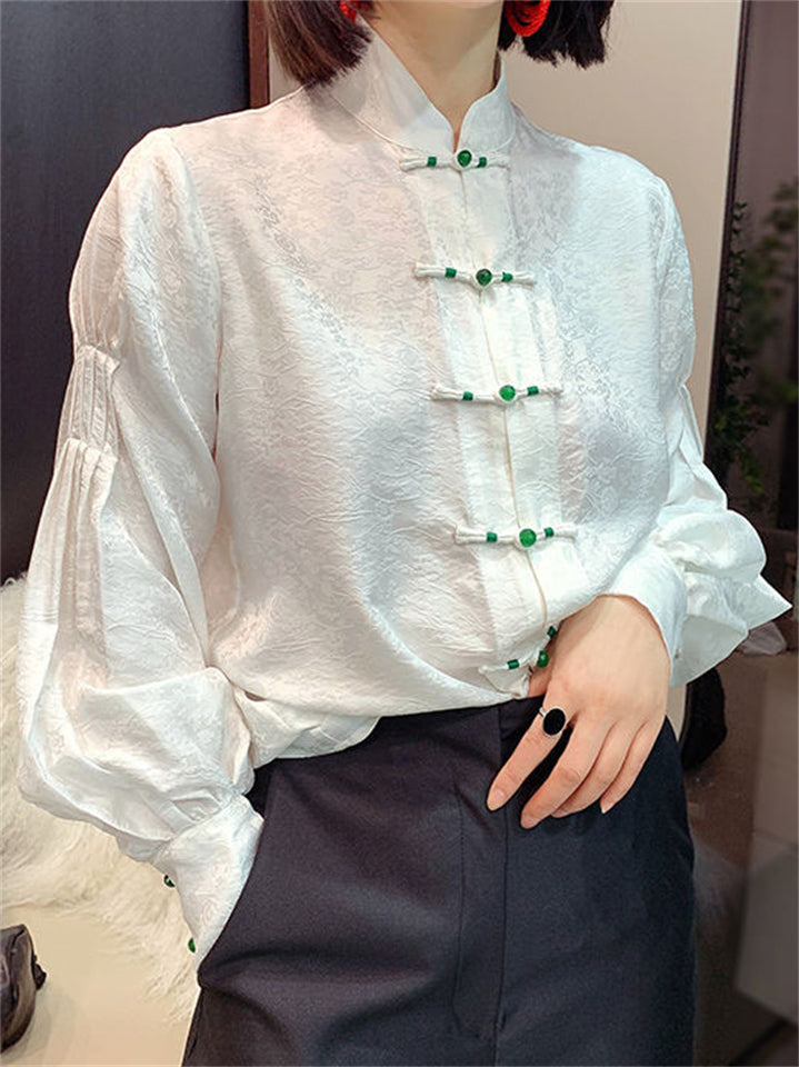 Chinese Style White Jacquard Lantern Sleeve Shirt for Women