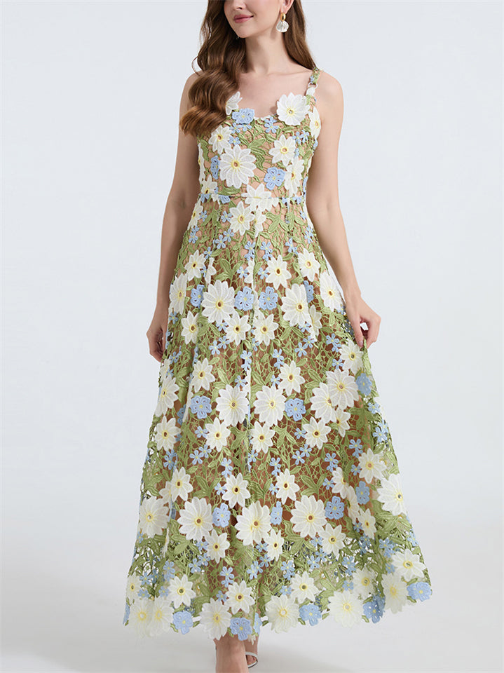 Women's Lace Flowers Embroidery Strap Big Hem Dress