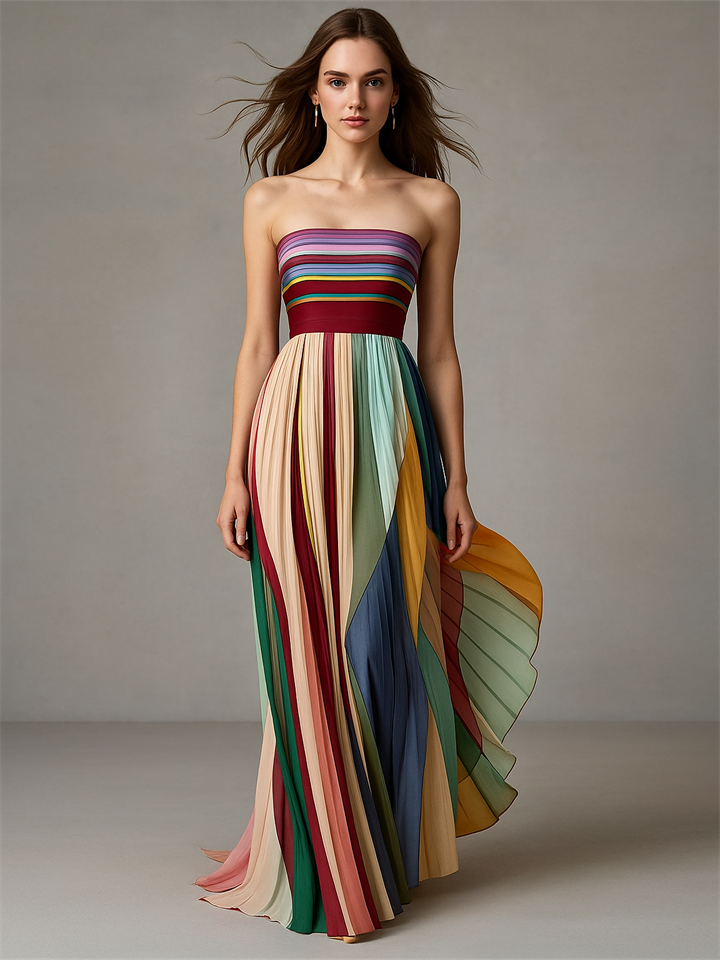 Women's Off Shoulder Rainbow Color Striped Flowy Dress