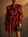 Womens Elegant Watercolor Organza Ruffled Tiered Mini Dress