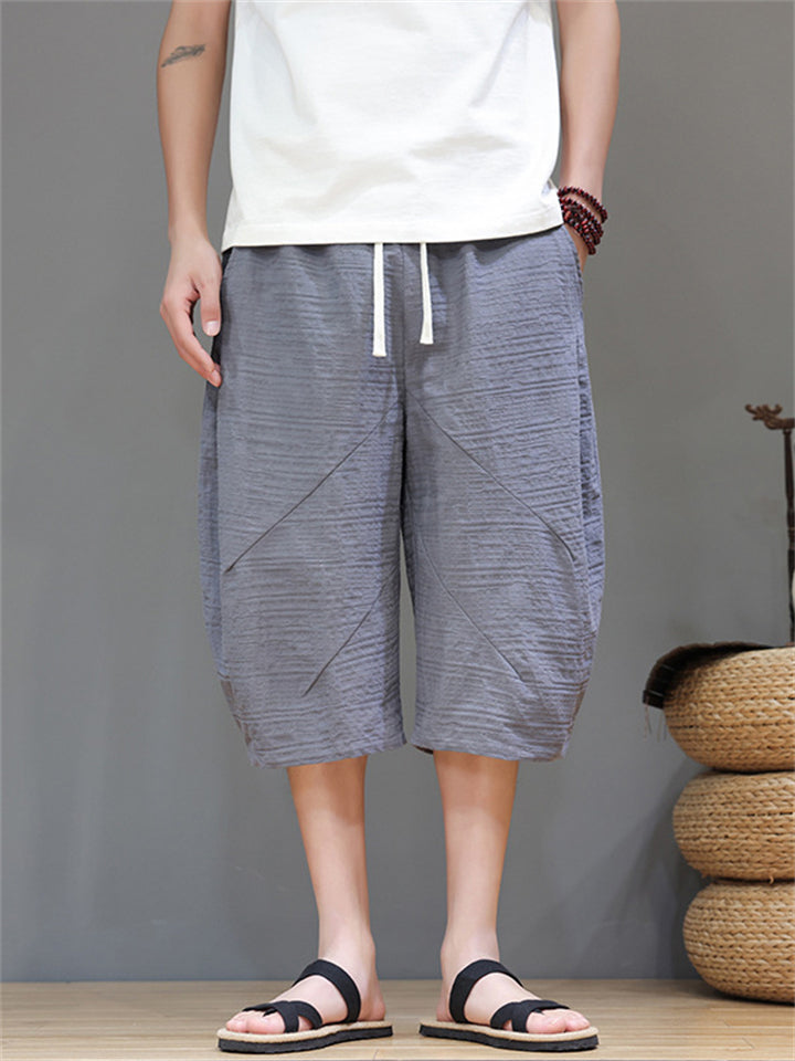 Men's Cotton Linen Solid Color Texture Drawstring Capri Pants