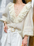 French Style Women's Ruffled V-Neck Tencel Long Sleeve Shirt