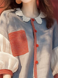 Women's Sweet Style Contrast Color Patchwork Lantern Sleeve Shirts