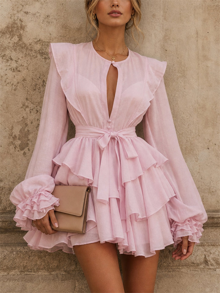 Women's Stylish Lantern Sleeve Ruffle Tiered  Cocktail Mini Dress