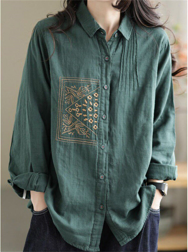 Retro Loose Embroidery Pleated Lapel Shirt for Women