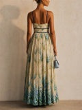 Women Blue Elegant Summer Pleated Floral Corset Maxi Dress